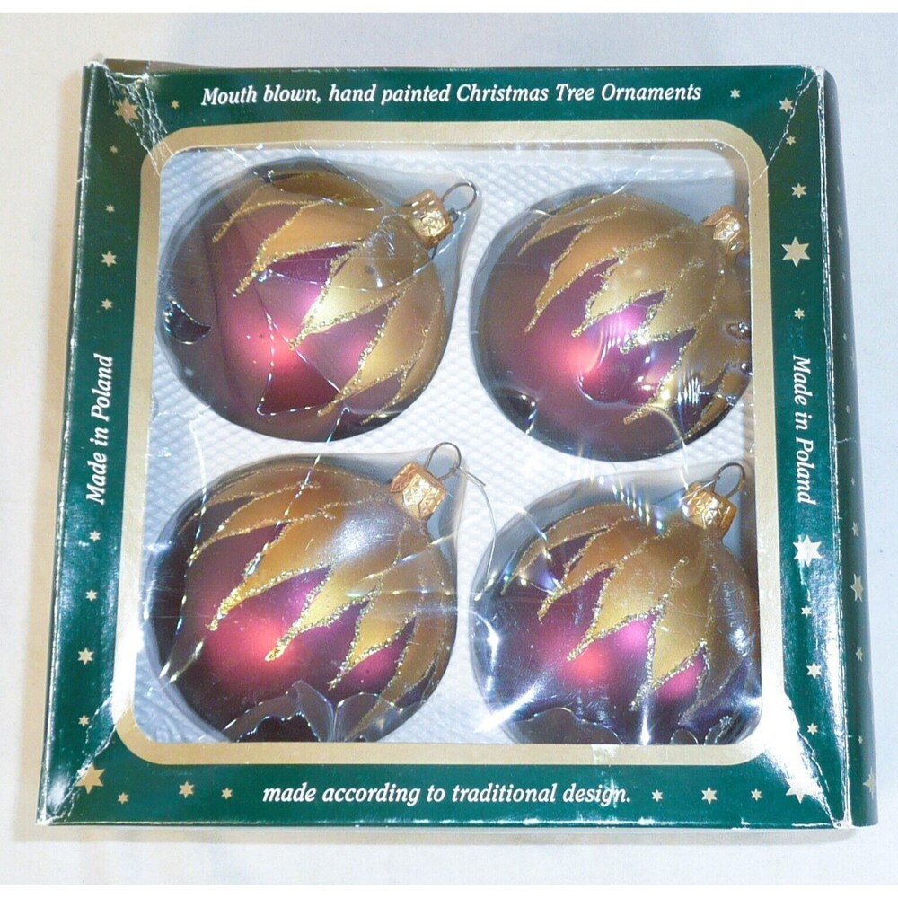 LOT of 4 Glass Ornaments Burgundy & Gold Mouth Blown Hand Painted Balls